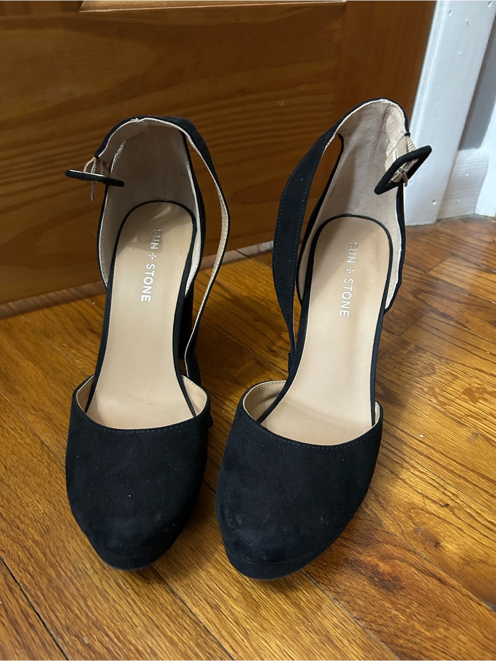 Sun + Stone Black D’Orsay Block Heel Pumps